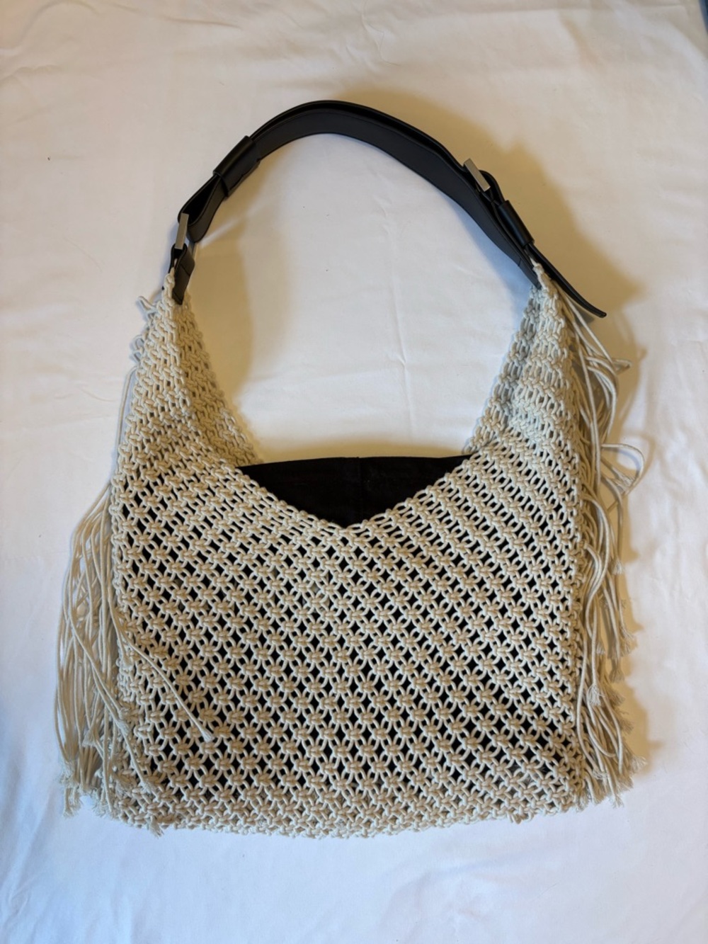 ALL SAINTS Woven Fringe Shoulder Bag in Beige
